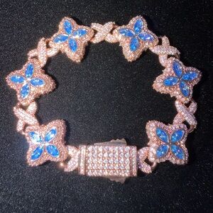 Iced Gold Sapphire Clover Flower Bracelet